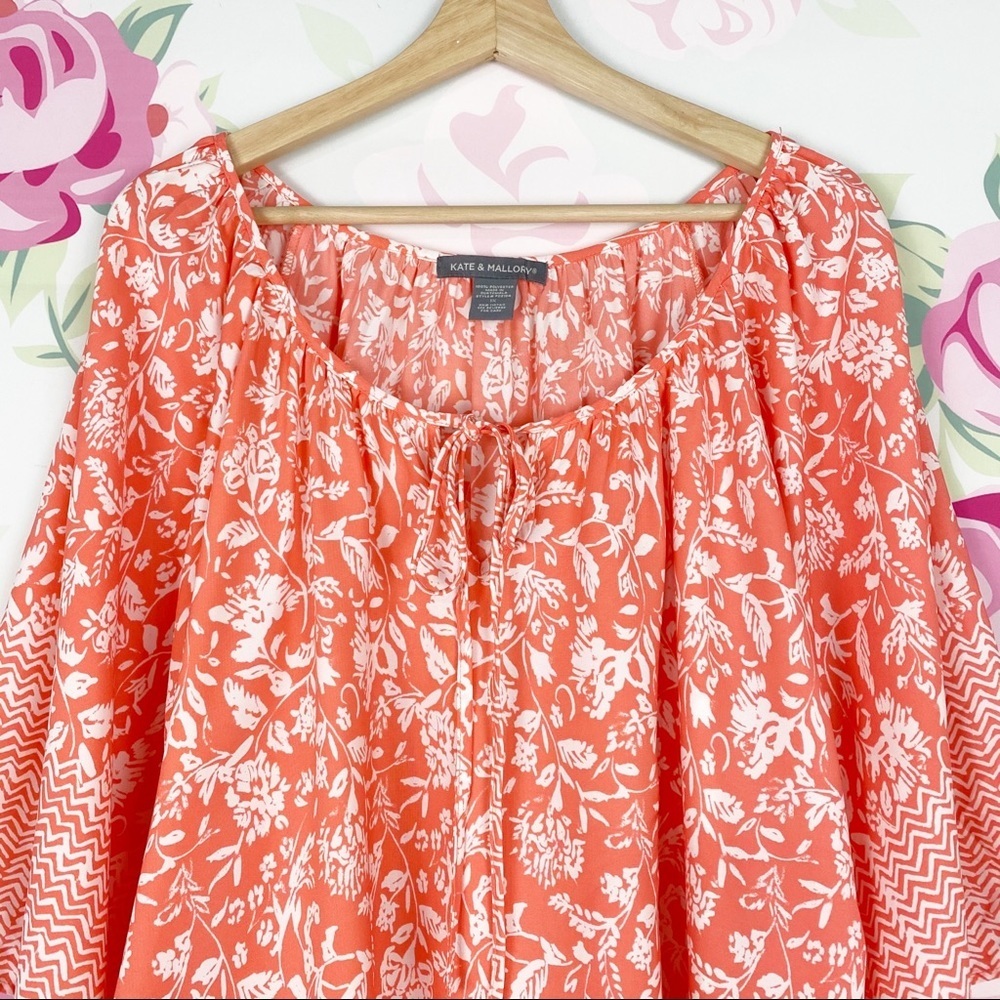 Kate & Mallory Orange Boho Floral Print Wide Sleeves Blouse 1X - Picture 2 of 8